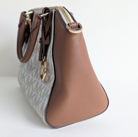 Michael Kors Ciara Medium Logo Printed Coated Canvas Leather Satchel Cream Brown - Picture 4 of 15